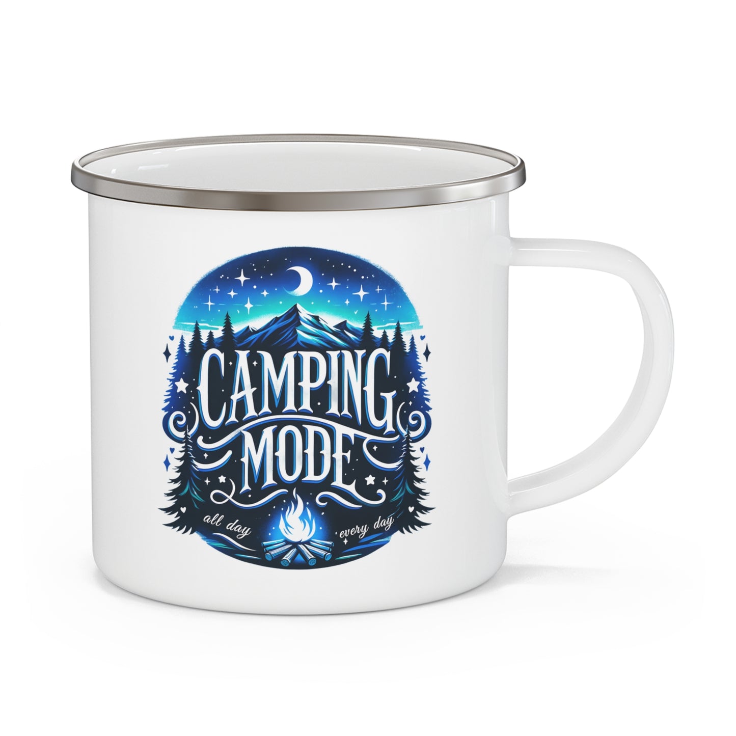 "Camping Mode All Day Every Day" Enamel Camping Mug – Durable, Lightweight, and Adventure-Ready! Mely Mela