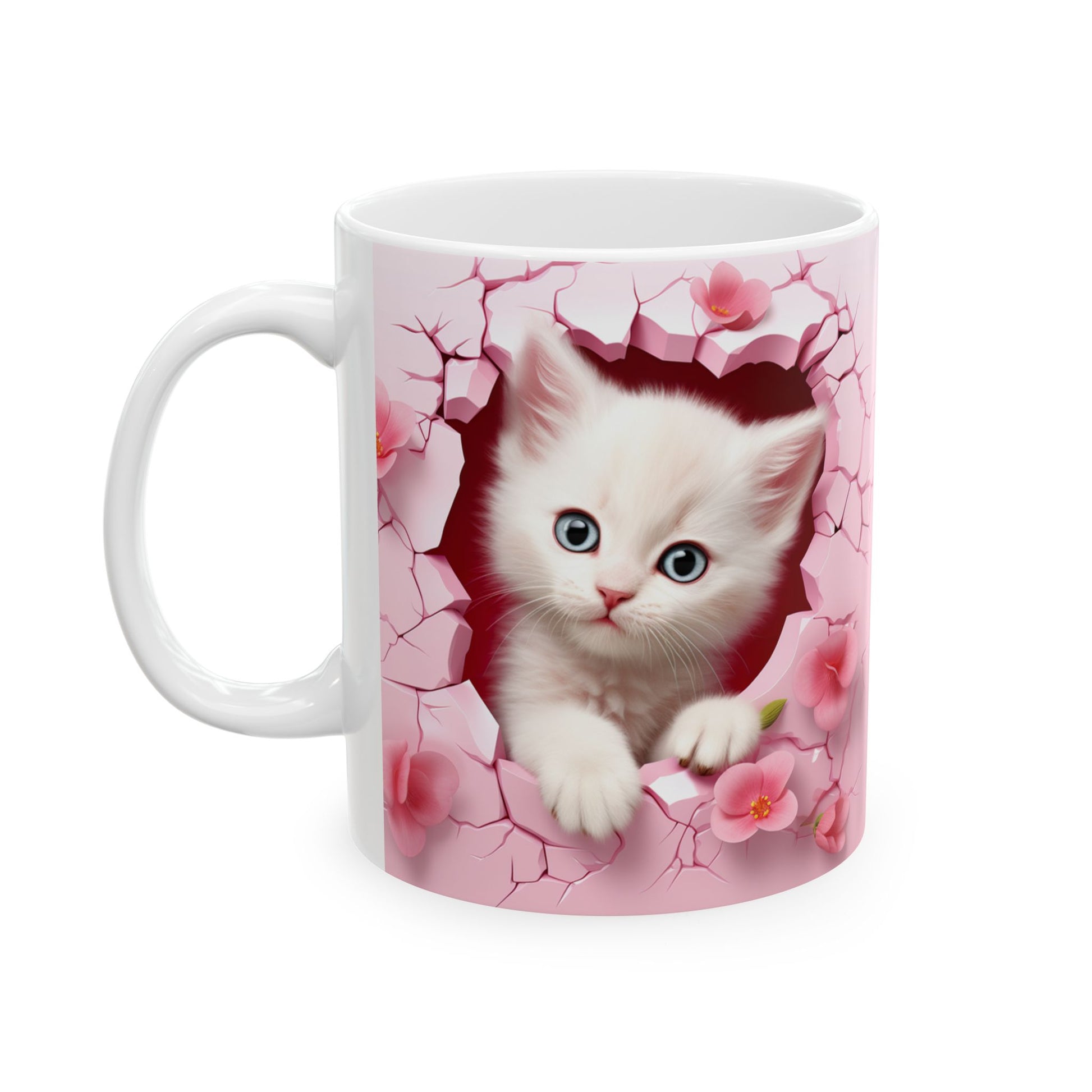 3D Hole in Wall Pink Kitten - Ceramic Mug (11oz, 15oz) Mely Mela