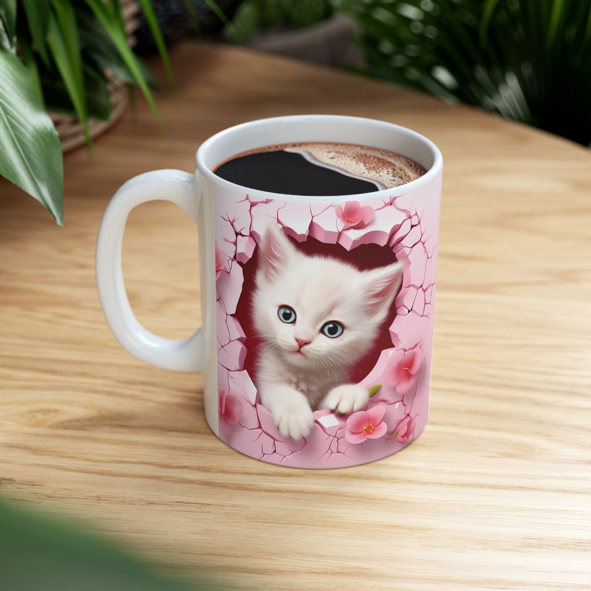 3D Hole in Wall Pink Kitten - Ceramic Mug (11oz, 15oz) Mely Mela