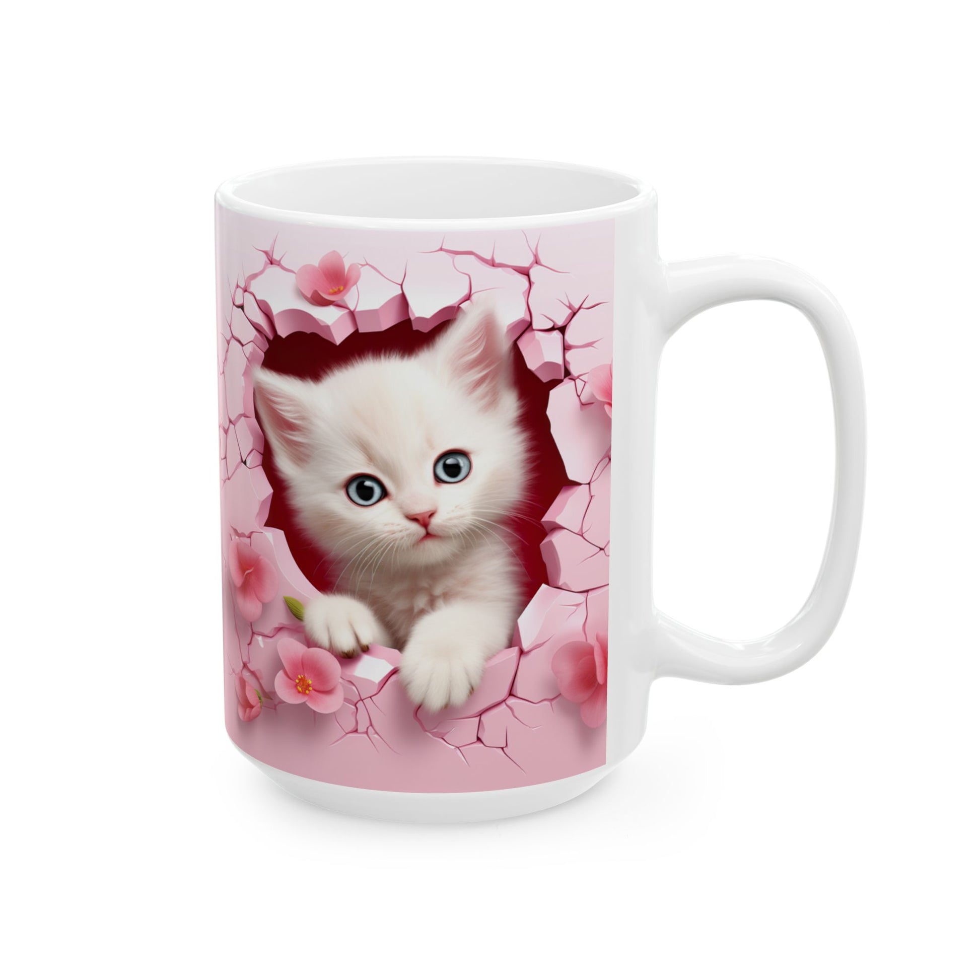 3D Hole in Wall Pink Kitten - Ceramic Mug (11oz, 15oz) Mely Mela