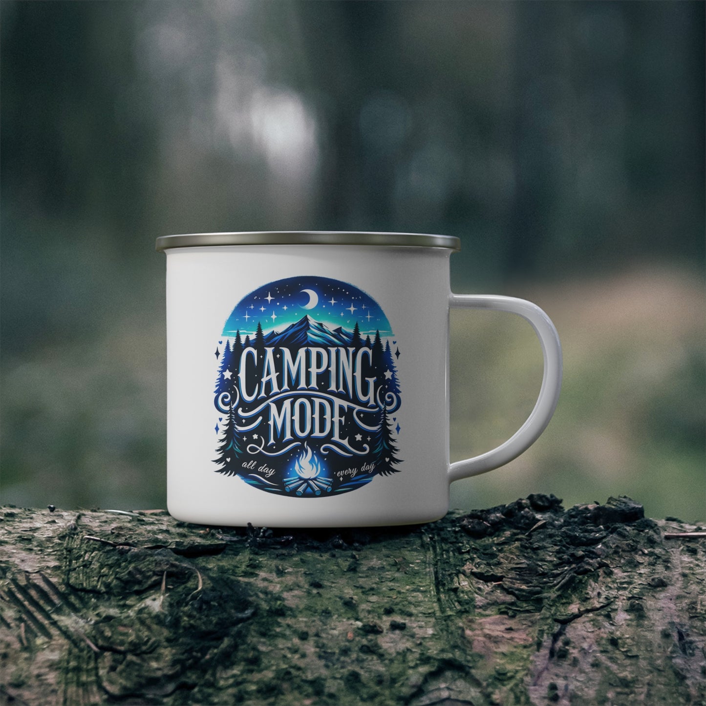 "Camping Mode All Day Every Day" Enamel Camping Mug – Durable, Lightweight, and Adventure-Ready! Mely Mela