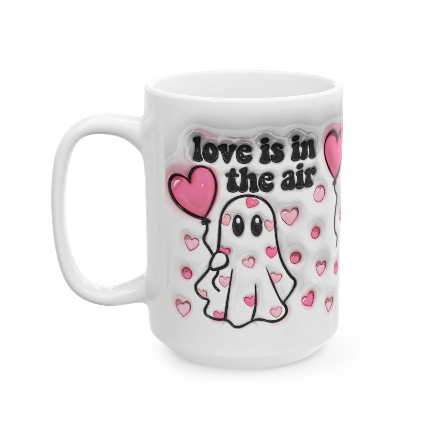 11oz and 15oz ceramic mugs with heartwarming Valentine’s Day patterns.