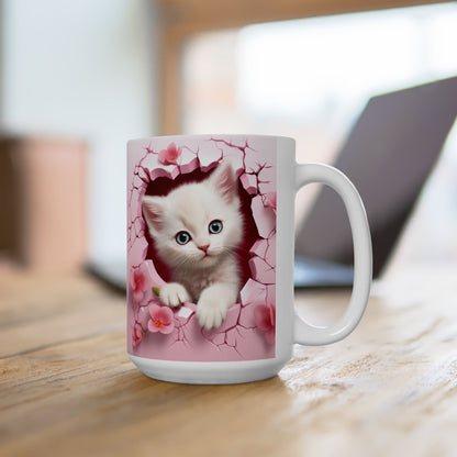 3D Hole in Wall Pink Kitten - Ceramic Mug (11oz, 15oz) Mely Mela