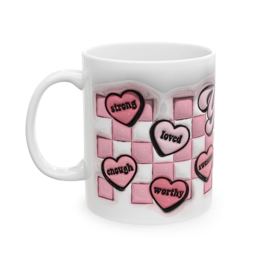 Close-up of the mug on a cozy table setting with Valentine’s Day decorations.