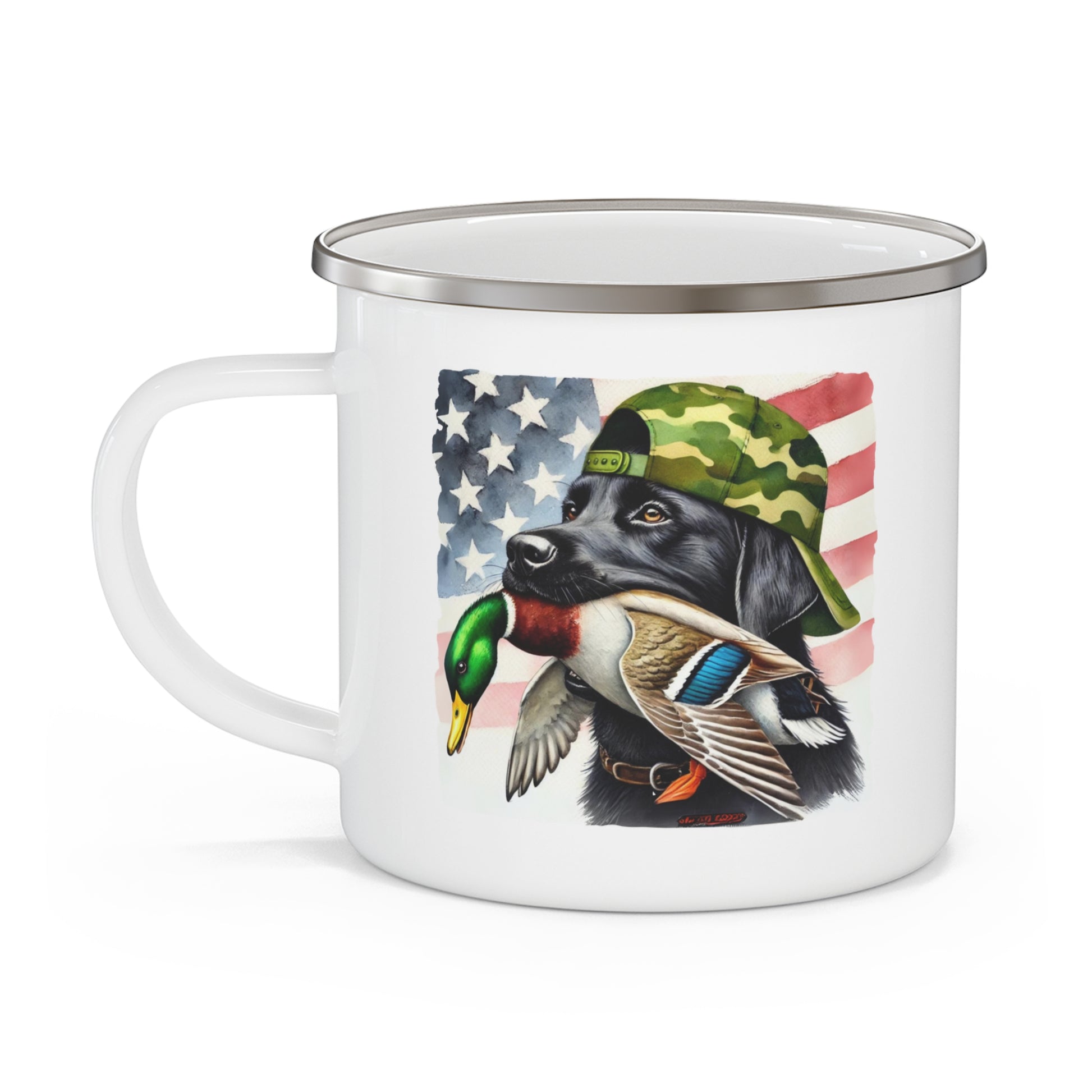 Black Labrador Dog Hunting Duck Enamel Mug – A Must-Have for Campers Printify