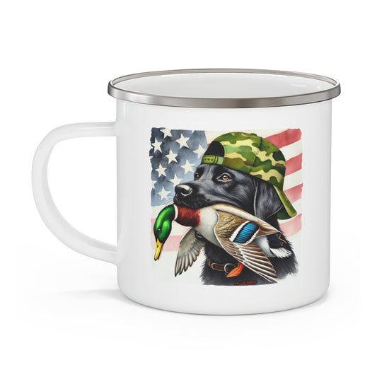 Black Labrador Dog Hunting Duck Enamel Mug – A Must-Have for Campers Printify