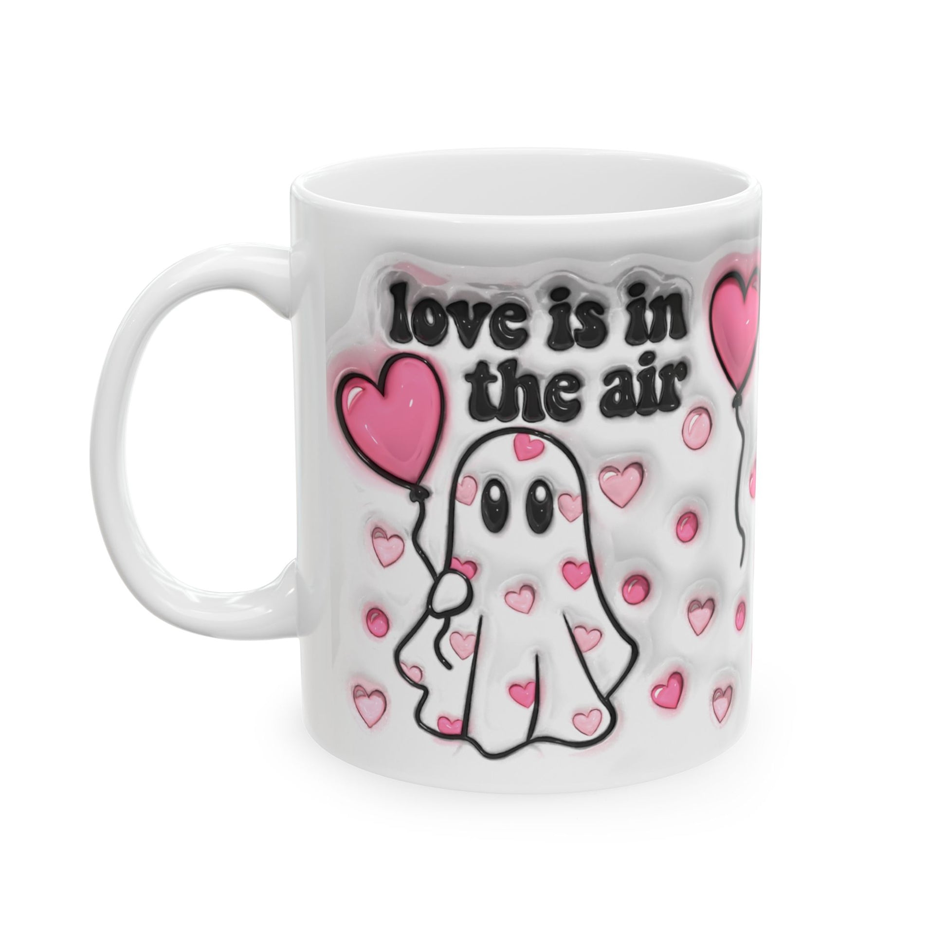 Love Is in the Air ceramic mug with a romantic design for Valentine’s Day.