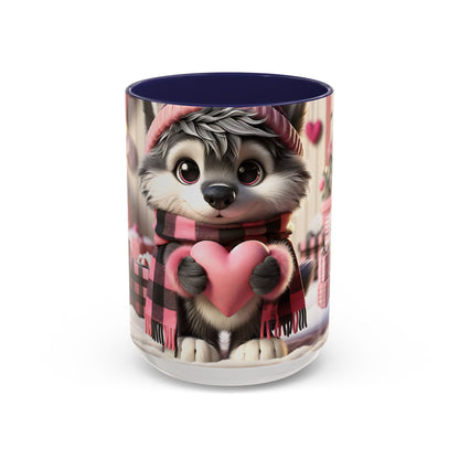 Valentine’s Cute Wolf and Heart - Accent Coffee Mug (11oz, 15oz) Mely Mela