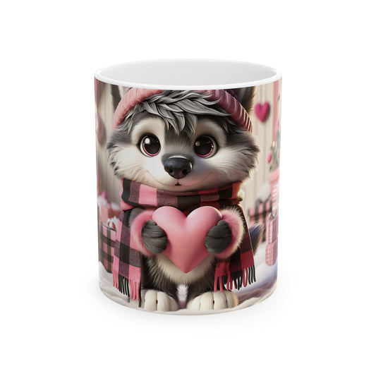 3D Valentine Cute Wolf and Heart Ceramic Mug – 11oz Mely Mela