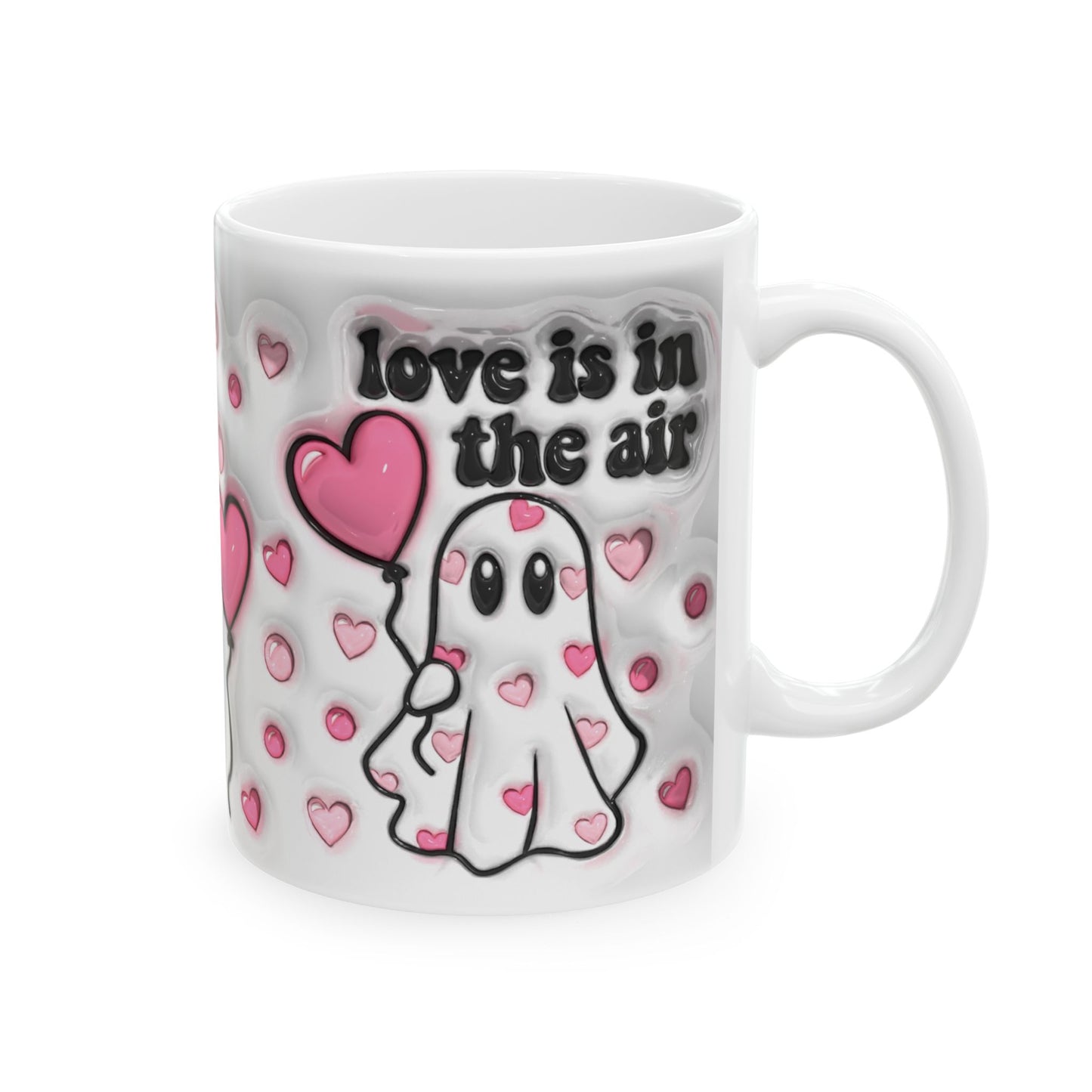 Close-up of Love Is in the Air mug, a heartfelt gift for happy Valentine’s Day.