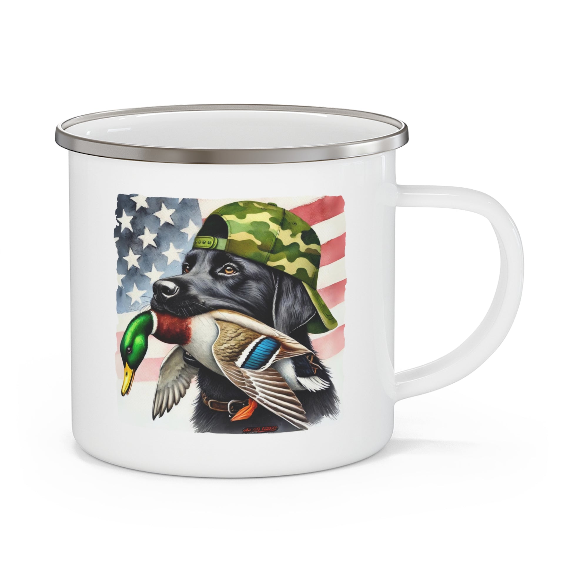 Black Labrador Dog Hunting Duck Enamel Mug – A Must-Have for Campers Printify