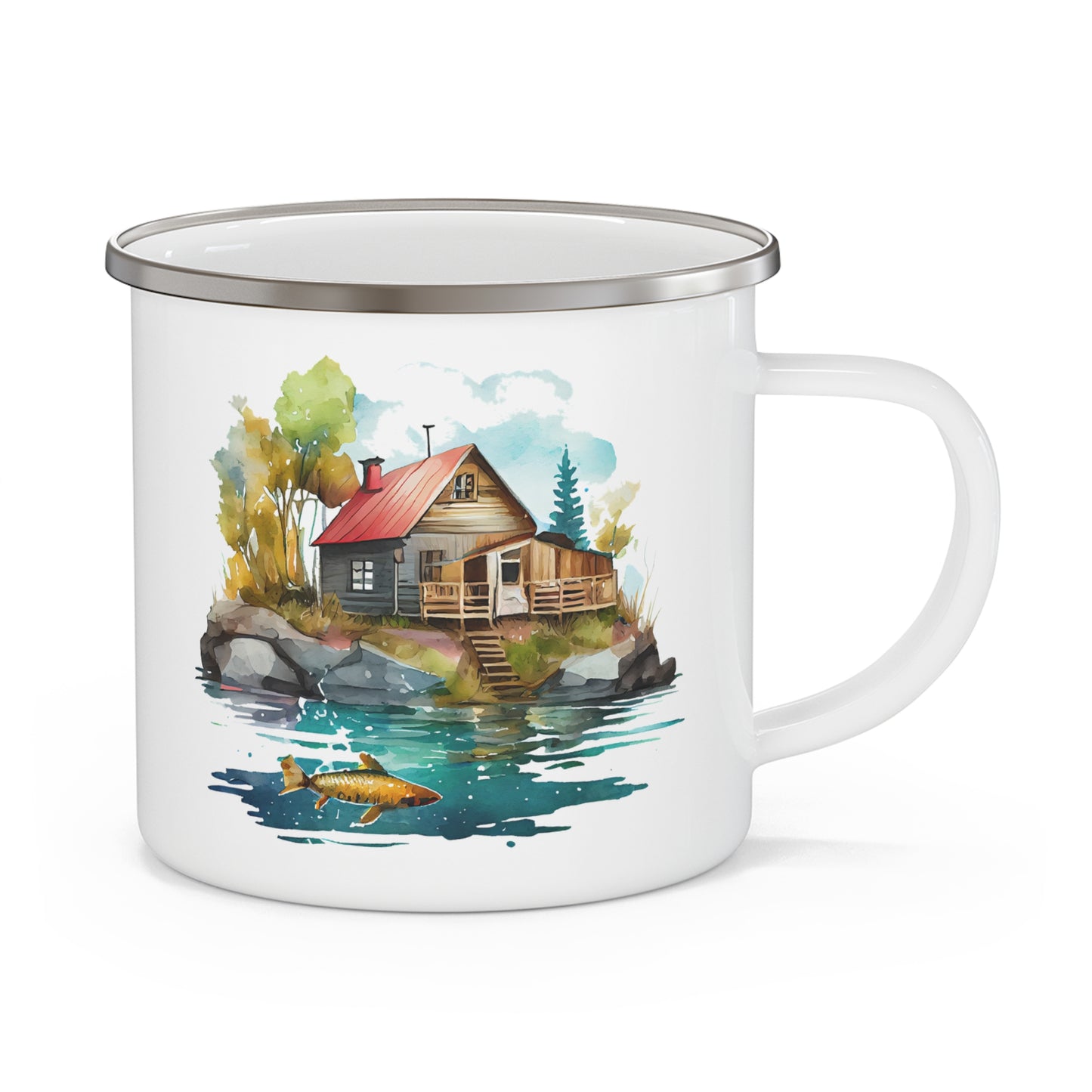 Lightweight enamel mug held by a camper enjoying coffee by the lake.