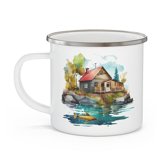 Close-up of the camping mug showcasing its vibrant artwork and durable enamel coating.