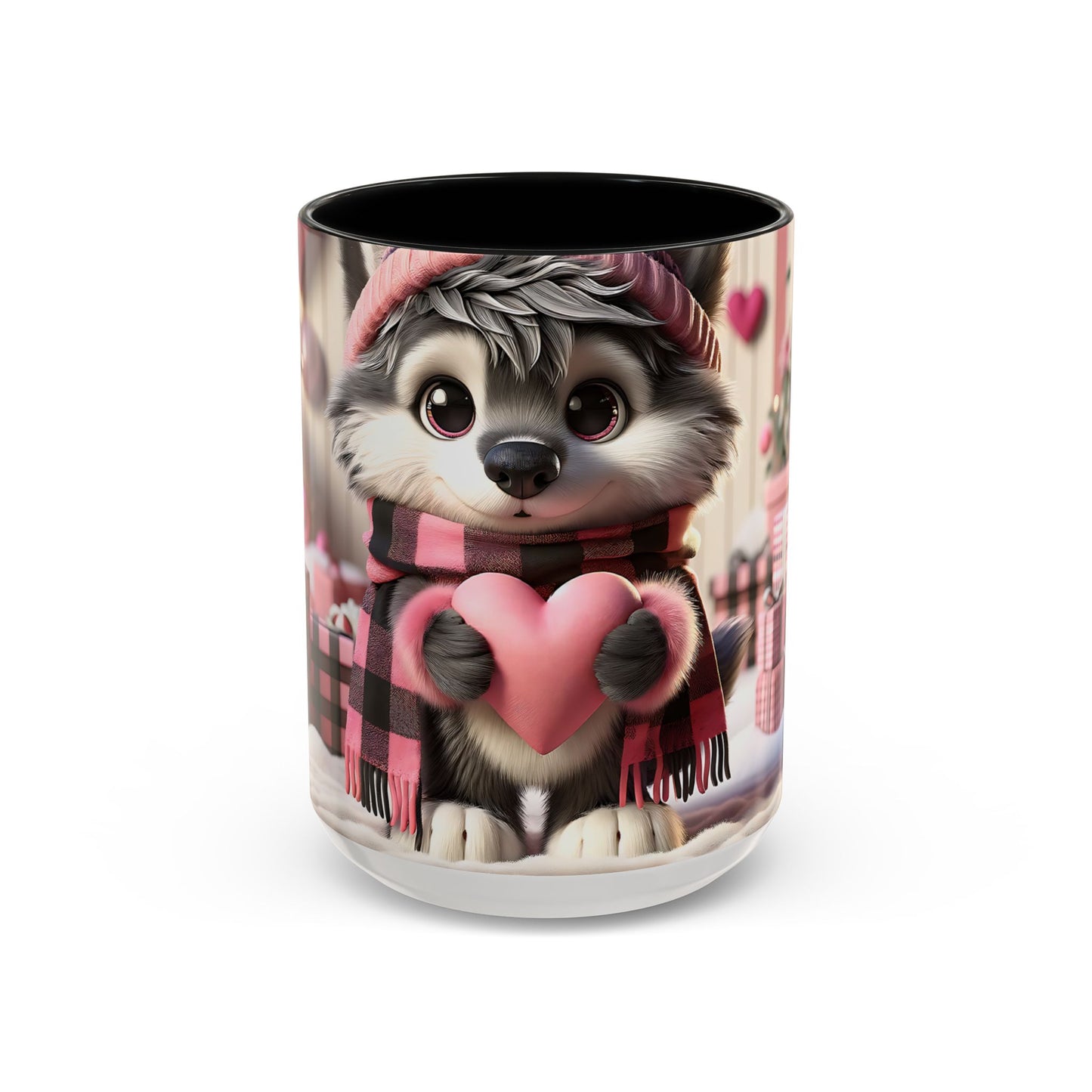 Valentine’s Cute Wolf and Heart - Accent Coffee Mug (11oz, 15oz) Mely Mela