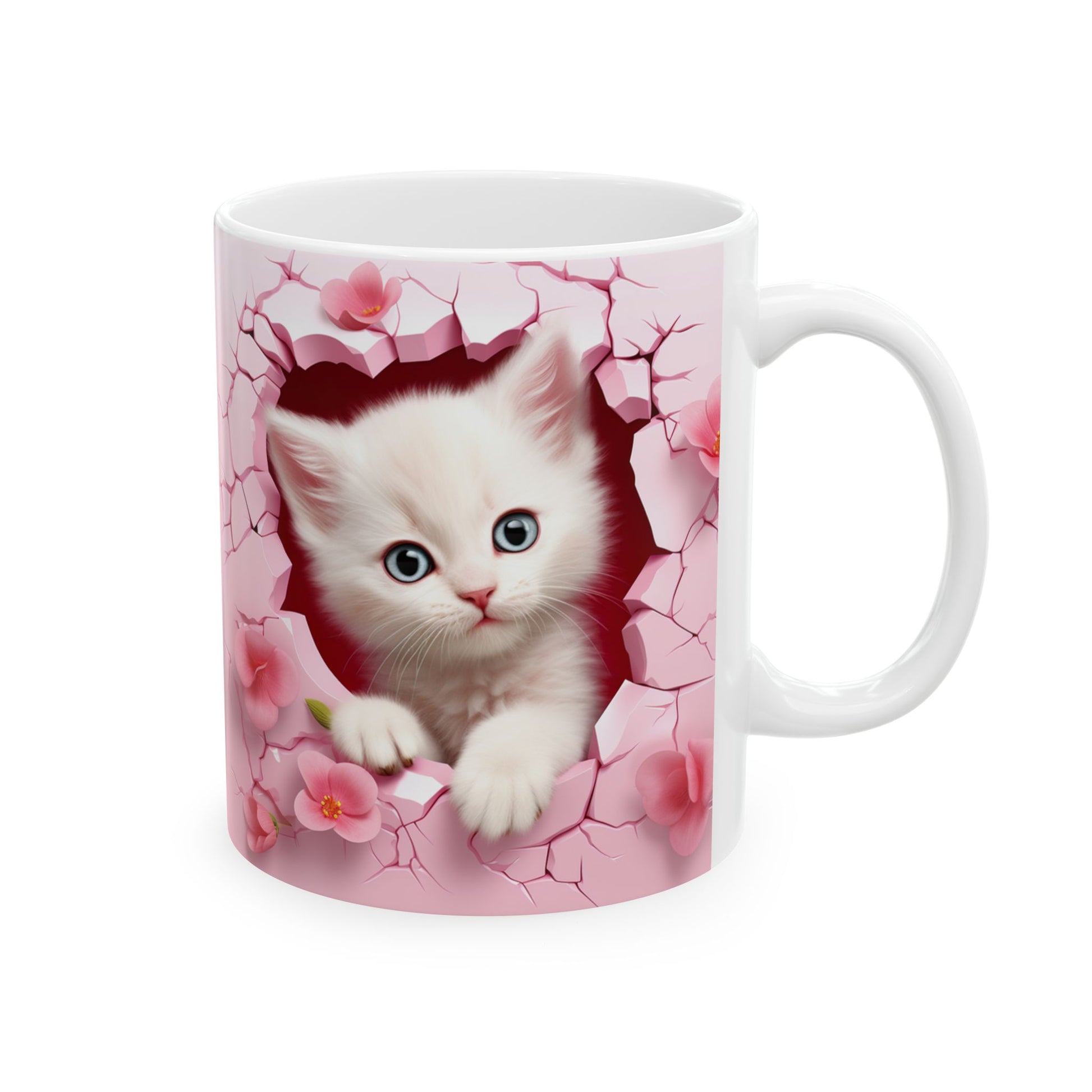 3D Hole in Wall Pink Kitten - Ceramic Mug (11oz, 15oz) Mely Mela