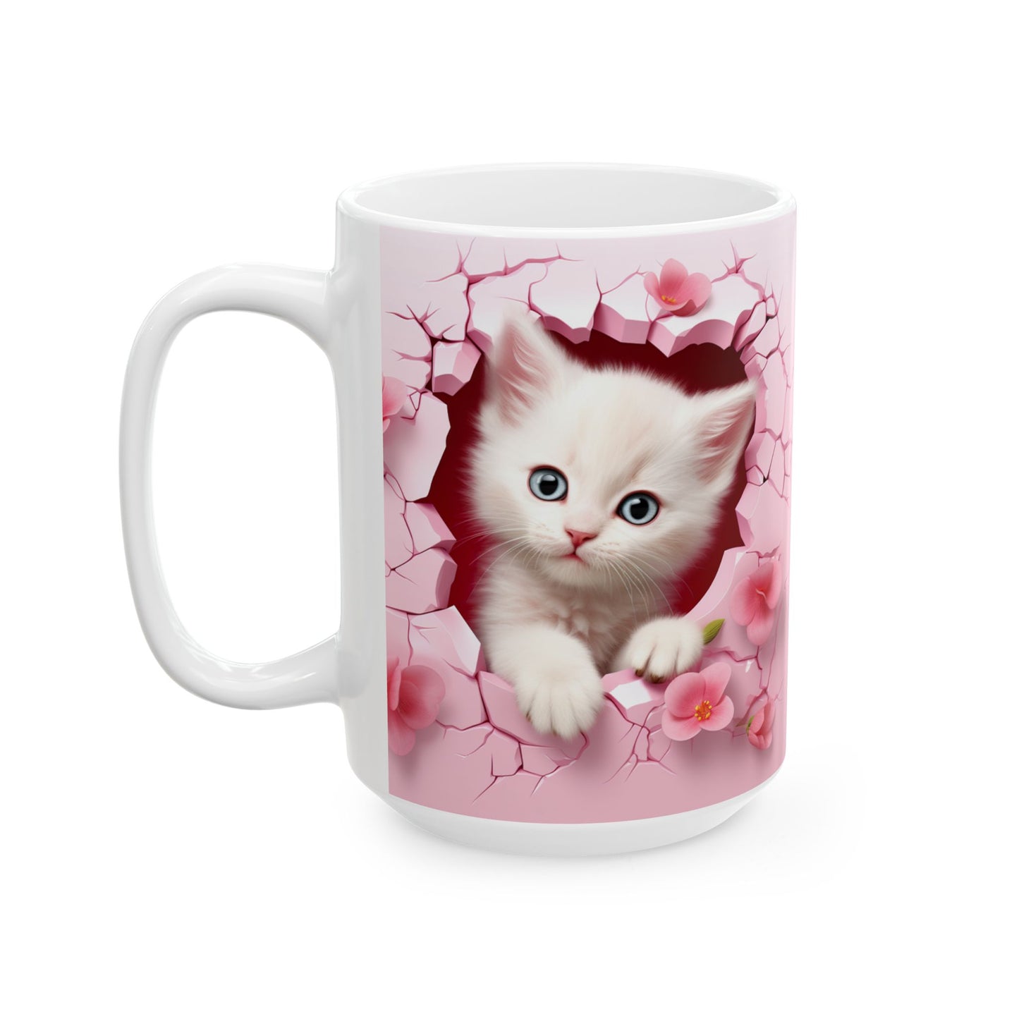 3D Hole in Wall Pink Kitten - Ceramic Mug (11oz, 15oz) Mely Mela